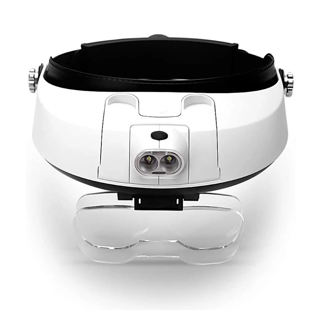 Dual side mounted ultra bright LED headband magnifier, side mounted lights  allow for more focused light at high magnifications, The HM-2LED model has  light weight but durable construction and dual side mounted
