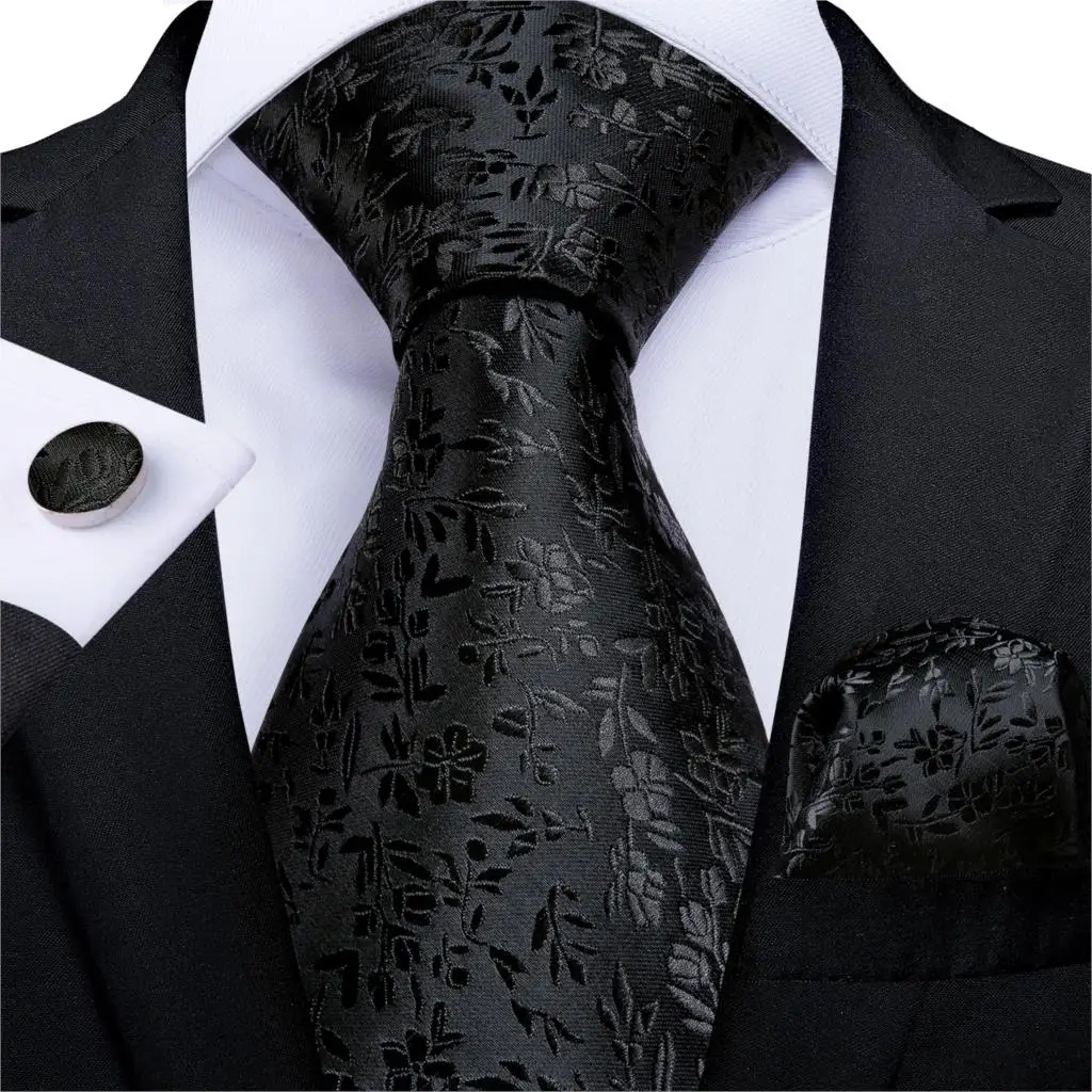 

Gift Men Tie Black Solid Floral Silk Wedding Tie For Men DiBanGu New Designer Hanky Cufflink Business Men Tie Set Party MJ-7273