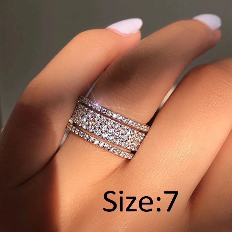 Elegant Silver Color Rhinestone Crystal Ring Wide Love Rings For Women Wedding Engagement Full Zircon Finger Rings Jewelry Gifts - Image 2