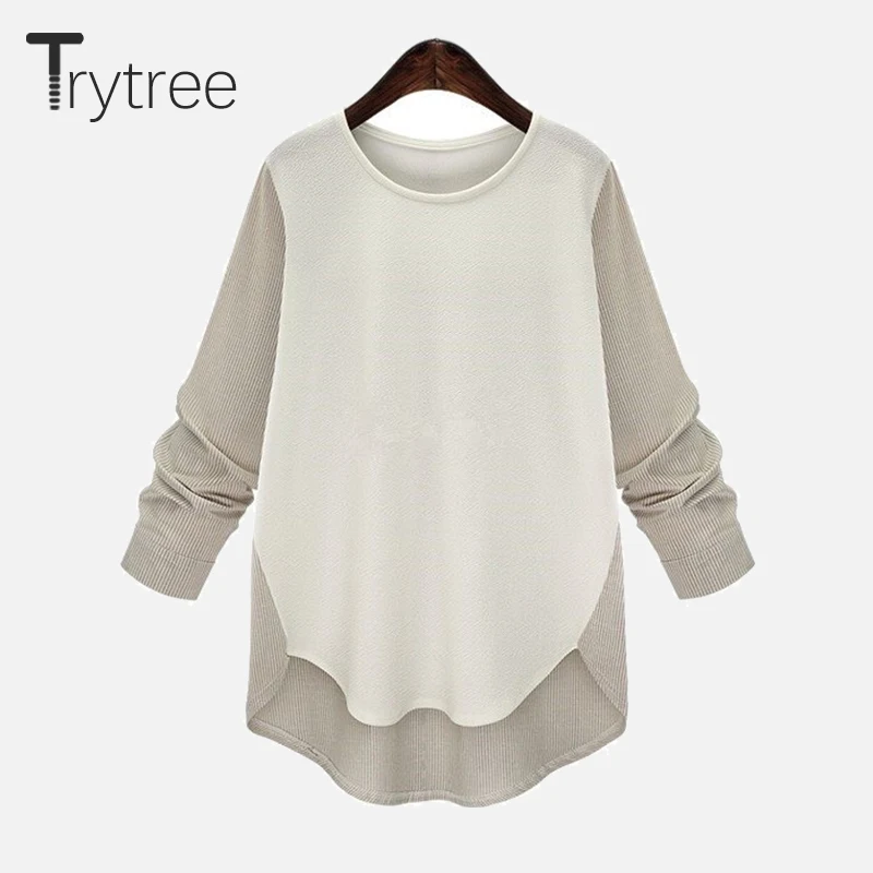 Trytree Осенняя женская футболка Повседневная полиэфирная рубашка с круглым вырезом Лоскутная полосатая с длинным рукавом Офисная Женская свободная футболка Топы