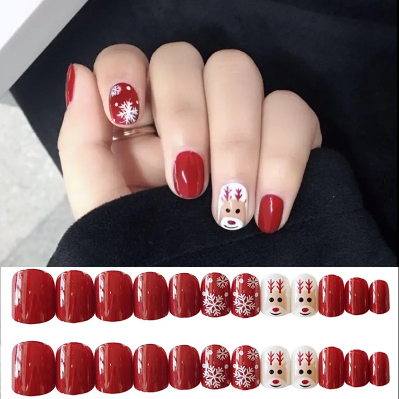

Christmas Wine Red Fake Nails Acrylic Short Nails Artificial False Nails With Design Lady Press On Finger Nails 24 Pcs Z218
