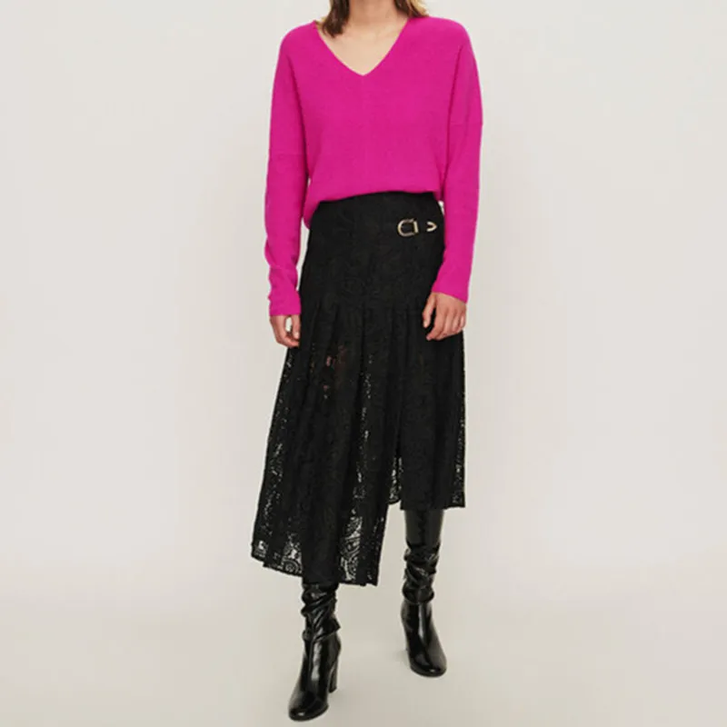 

Women's Irregular Skirt Embroidered Lace Paisley Pattern Asymmetric Solid Color Skirt