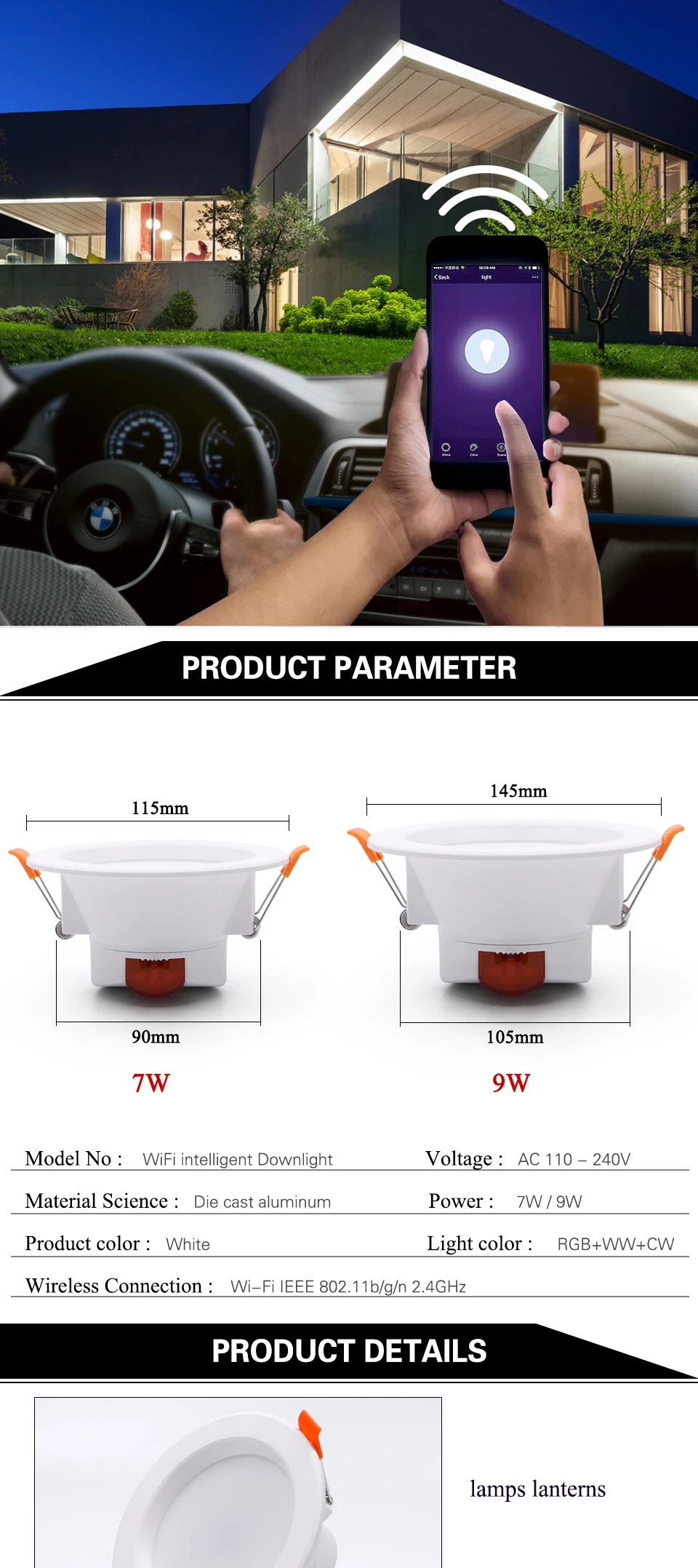 LED Downlight WiFi Smart APP Dimming Round Spot Light 7W 9W RGB Color Changing Warm Cool light Work with Alexa Google Home