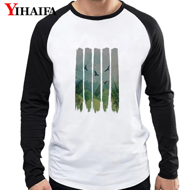 

Autumn Men T Shirts 3D Print Mountain Landscape Graphic Tees White Long Sleeve Tee Tops Casual Man T-shirt