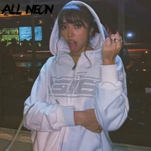ALLNeon Y2K модные стразы на молнии толстовки оверсайз E-girl винтажные однотонные буквы с длинным рукавом черные свитшоты осенние наряды ALLNeon Y2K модные стразы на молнии толстовки оверсайз E-girl винтажные однотонные буквы с длинным рукавом черные свитшоты осенние наряды