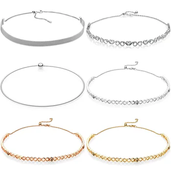 

Rose Honeybee Crown & Heart Swirls Reflexions Woven Mesh Choker Necklace For Fashion 925 Sterling Silver Bead Charm DIY Jewelry