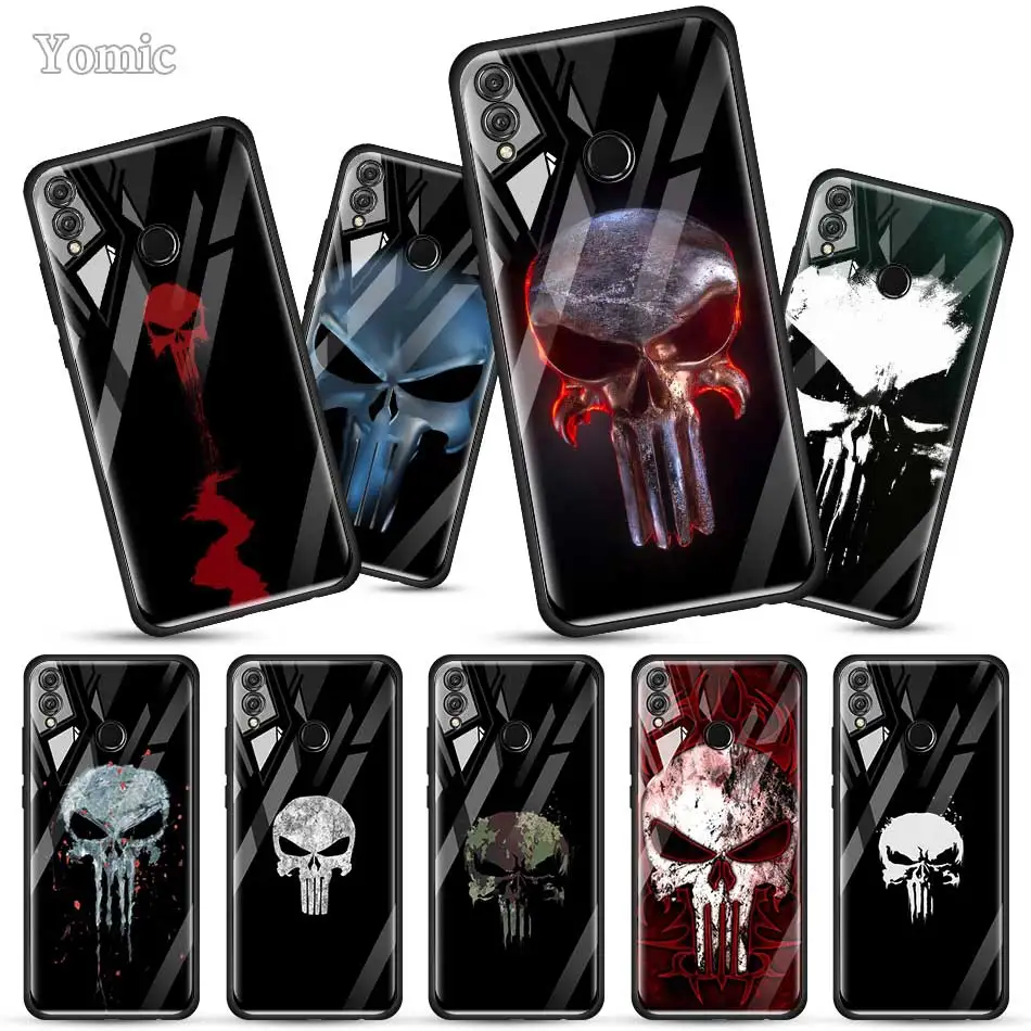 

Cool Punisher Skull Art Case for Huawei Honor 9X 8X 20 10 Lite Y9 Y7 Y6 P Smart Pro 2019 Nova 5T Tempered Glass Soft Edge Cover