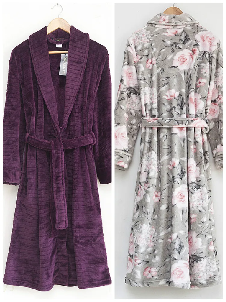 Middle aged and elderly bathrobes printed flannel nightgown long and