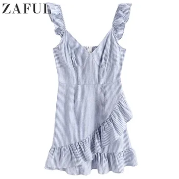 

ZAFUL 2019 Striped Ruffles Women Casual Dress Summer Sexy V Neck Sleeveless A-Line Mini Dress Female Boho Dresses Femme Vestidos