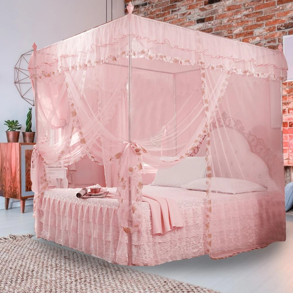 Luxury Princess Canopy Bed Curtains 4 Corner 3 Side Openings Post Bed