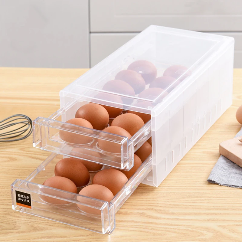 Online Caja de almacenamiento de huevos tipo cajón de doble capa 24 rejilla de cocina recipiente de verduras para nevera