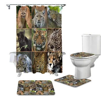 

Animal Tiger Leopard Lion Shower Curtains Set Bath Mat Set Toilet Cover Bathroom Accessories Bathroom Rug Set