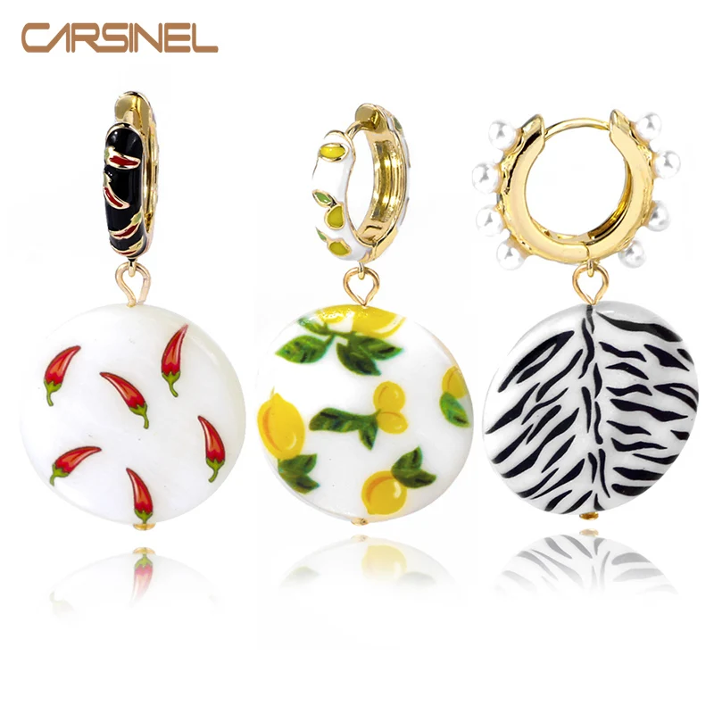 

CARSINEL Brand Shell Print Pendant Earrings For women Gold color Lemon Pepper Pattern Round Earring Fashion Jewelry ER0702
