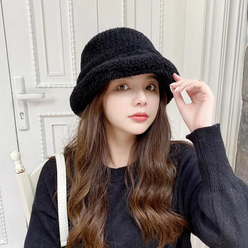 Winter Warm Teddy Velvet Hats for Women Lady Thicken Bob Panama Outdoor Fisherman Hat Caps Lamb Faux Fur Bucket | Аксессуары для