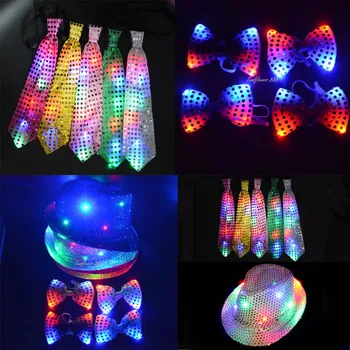 

Woman Men Kids LED Blinking Sequin Jazz Hat Cap Bow Tie Props Wedding Carnival Glow Party Birthday Christmas Xmas Gift Navidad