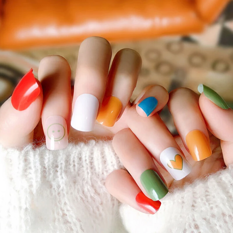 24pcs Colorful False Nails Tips Acrylic Heart Fake Nail Art Stickers Home DIY Nail Art Tool With 2g Glue