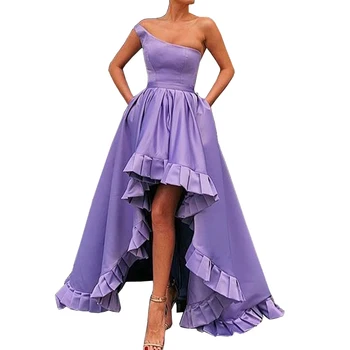 

Sexy Backless Satin Lavender Long Prom Dresses 2020 Robe De Soiree Cheap One-Shoulder High/Low Party Dress Vestido De Festa