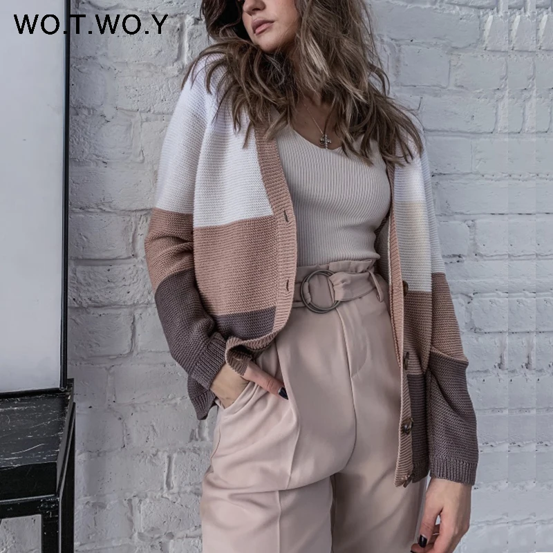 

WOTWOY Autumn Winter Knitted Women Sweater Coat PatchWork Button V-nceck Raglan sleeve Outwear Female Casual Women Open Stitch