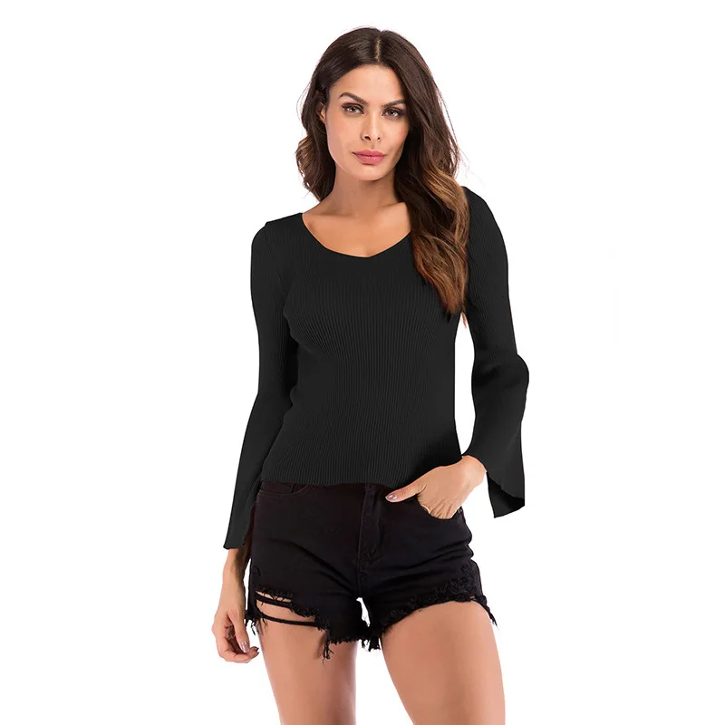 

Women's Clothess 2020 Slim Flared Sleeve V-neck Clothes Solid Color Pull-down Bottoming Shirt Style Fashion Sexy
