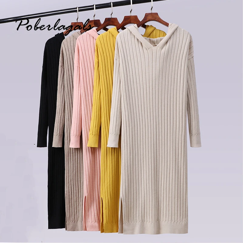 Женское трикотажное платье-джемпер с капюшоном длинный свитер желтого цвета