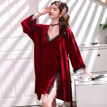

Fdfklak Velvet Set Nightgown Lace Sexy Nightwear Lounge Set Women Wine Red 2 Pieces Night Dress Sleep Wear Autumn Dress Women
