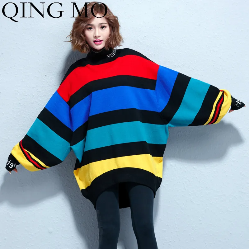 

QING MO Colorful Striped Women Sweater Casual Style Women Irregular Pullovers Sweater Stand Neck Batwing Sleeve Sweater ZQY1585