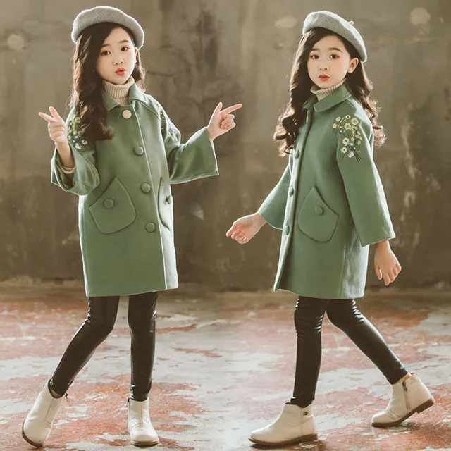 Детское пальто с цветочным рисунком для девочек осень-зима г., Модное теплое плотное шерстяное пальто средней длины для девочек, куртки одежда для детей от 3 до 10 лет - Цвет: Green