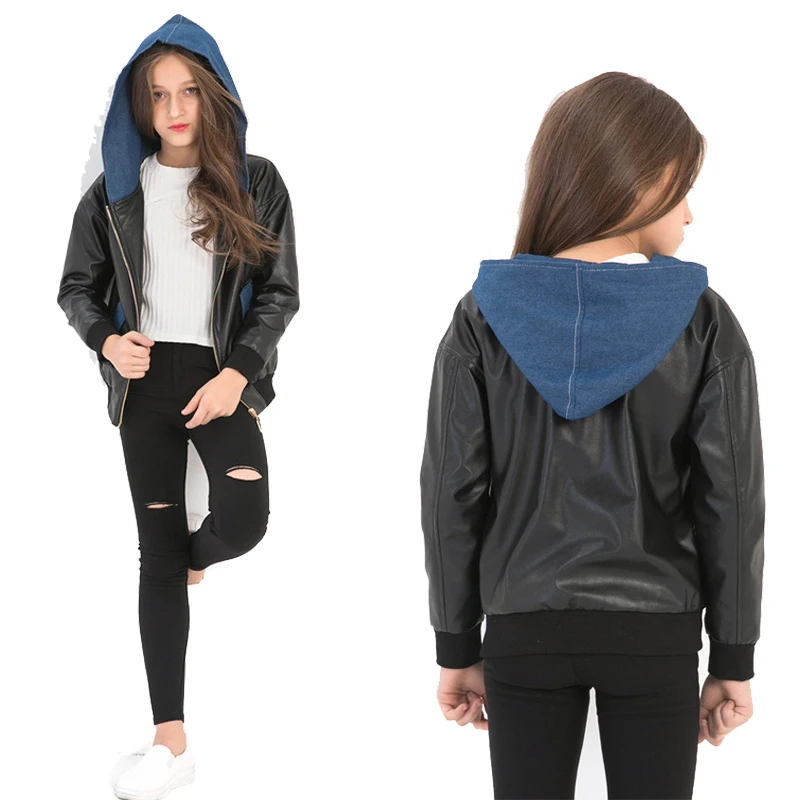 

Children Girl Leather Jacket Spring and autumn Windproof Hooded Pu Jackets for Boys Brand Kids Infant Clothes Baby Girls Coat