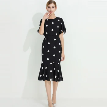 

Women black dress new 2020 summer flare sleeve vintage fashion mid-calf elegant polka dot sexy mermaid dresses