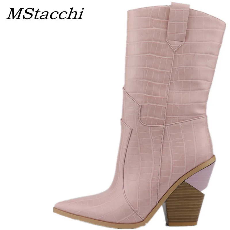 

MStacchi Plus Size 33-46 Fashion Brand Women Mid-Calf Botas Mujer High Heels Microfiber Leather Boots Woman Chunky Heels Shoes