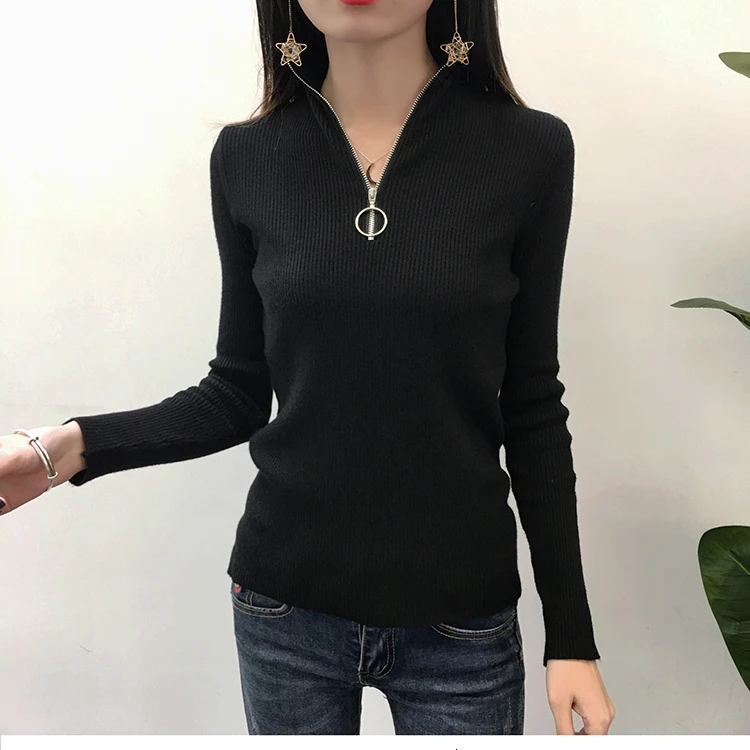 

Brand 2019 Knitted Turtleneck Zipper Pullovers Sweater Women Autumn Winter Up Solid Slim Knitting Sweaters Big Size Pull Femme