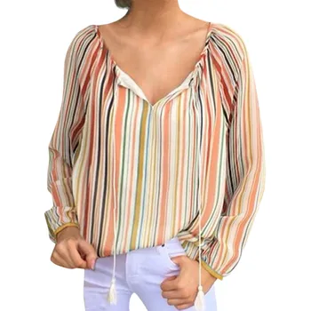 

Autumn Blouse women блузка женская tops and blouses women V-Neck Bandage Long Sleeve Loose Tops Stripe shirts Free shipping#3/55