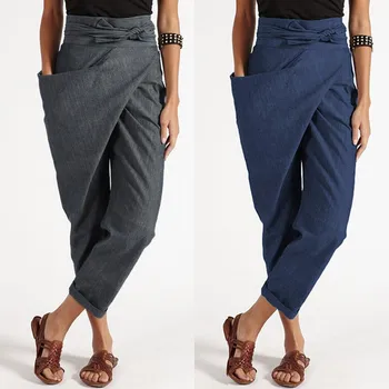 

2020 ZANZEA Elegant Pantalon Casual Long Palazzo Women's Harem Pants Fashion Woman Big Pockets Side Zipper Trousers Plus Size