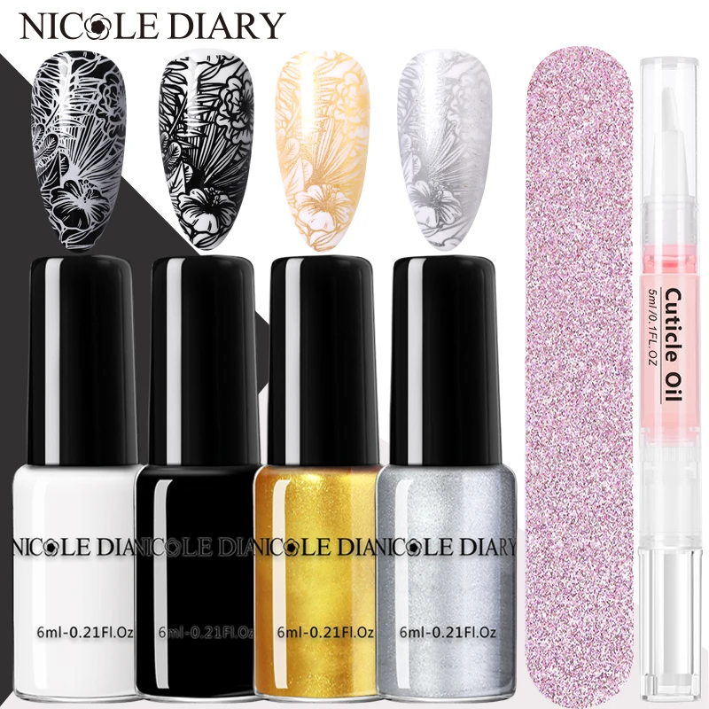 Nail Polish Nail Art Tools NICOLE DIARY 6pcs Nail Stamping Polish Cuticle Oil Nail File Set 4 2pcs Stamp Printing Art Lacquers DIY Stamping Tool Kits