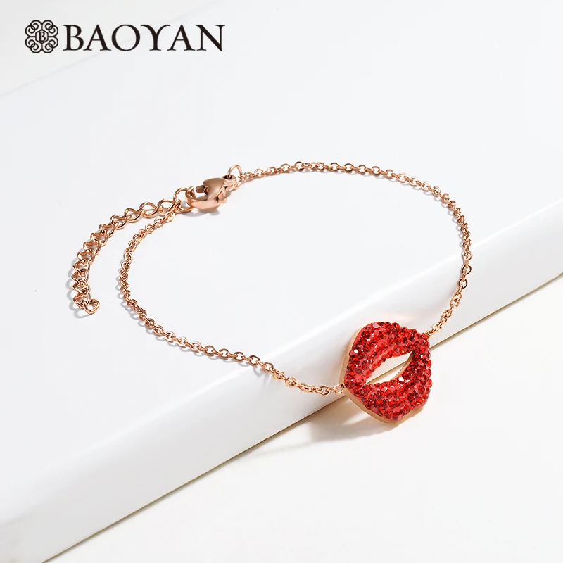 Rose Gold Baoyan Помада Подвеска "губы" браслеты красные стразы поцелуй браслет с губами розовое золото/серебро/золото нержавеющая сталь браслеты для женщин - Окраска металла: Rose Gold