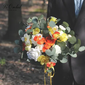 

PEORCHID Yellow Orange Wedding Bouquet Artificial Eucalyptus Bridesmaid Bouquet For Bride Holding flowers Buque De Noiva