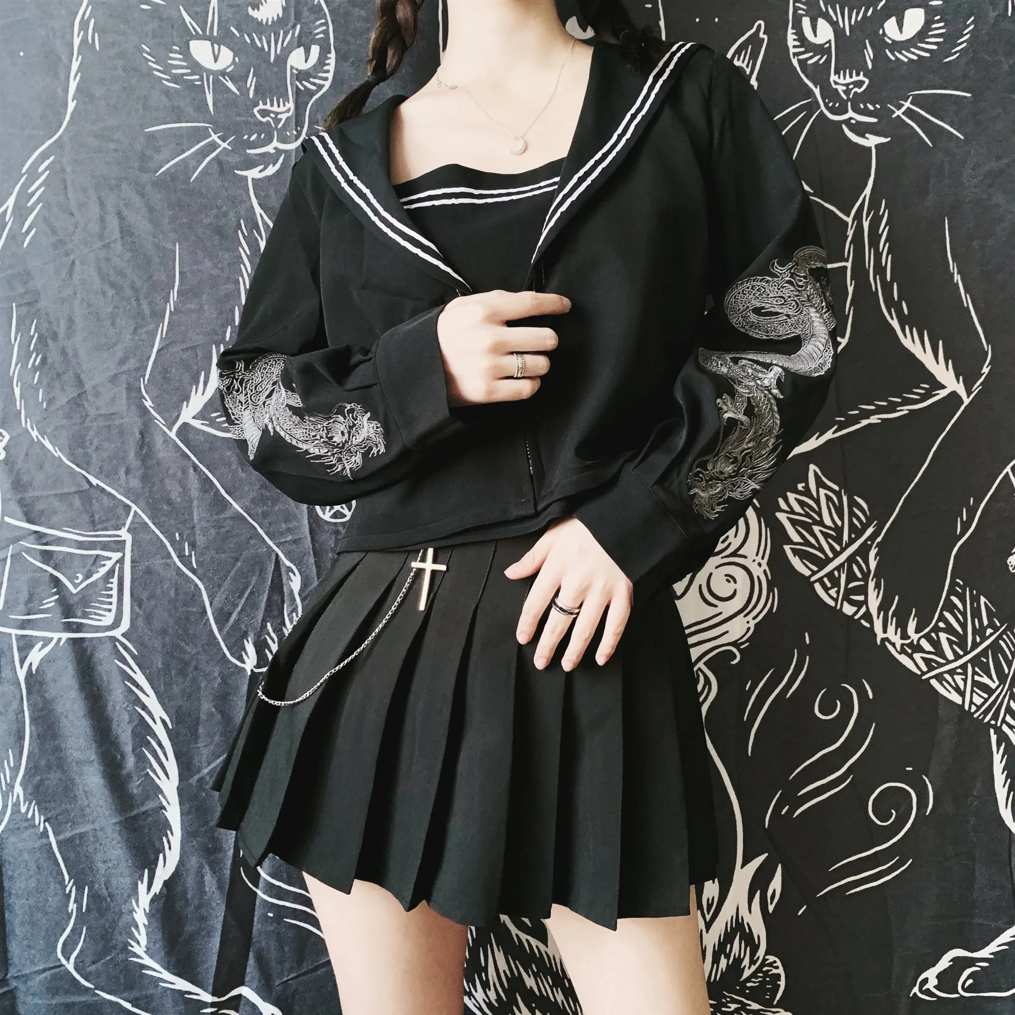 

Ruibbit Autumn Japan Style Embroidered Dragon Sailor Collar Stripe Blouse Women Fashion Black Loose Long Sleeves Coat