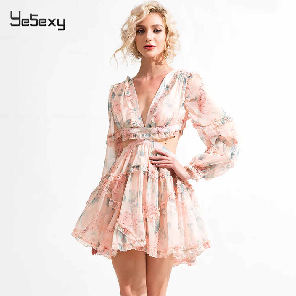 Yesexy, цветочный принт, глубокий v-образный вырез, оборки, женские мини платья, открытая спина, шифон, элегантные женские повседневные платья, VR18589
