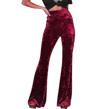 

Women ladies Solid Gold Velvet Bell Bottoms Flare pants trousers Elastic high waist Fashion long pants female Autumn spring 2020