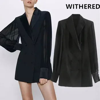 

Withered england elegant office lady vintage gauze Splicing party mini dress women vestidos de fiesta de noche vestidos blazers