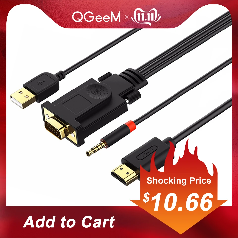 QGEEM VGA к кабелю HDMI с аудио 1080p @ 60Hz VGA HDMI конвертер мужчинами для проектор для ноутбука Ps3 Xbox HDMI VGA