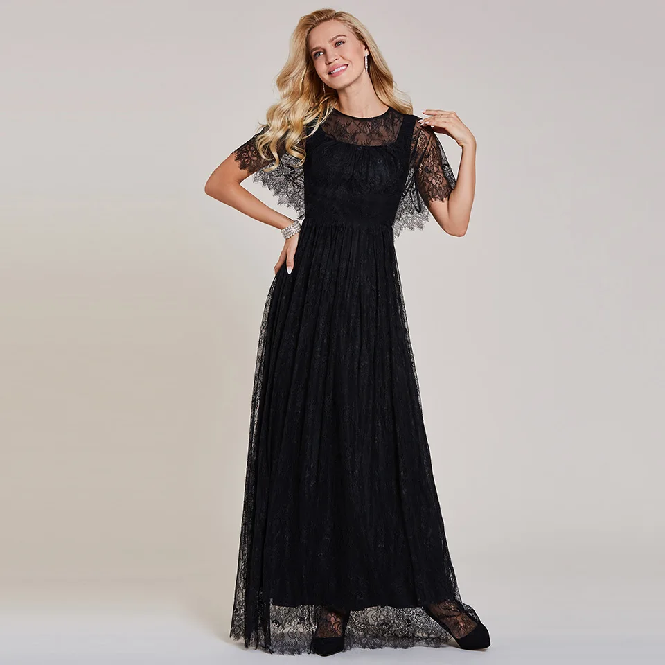 Dressv Черное длинное недорогое вечернее платье круглый вырез с короткими рукавами и кружевами свадебное вечернее платье ТРАПЕЦИЕВИДНОЕ вечернее платье es