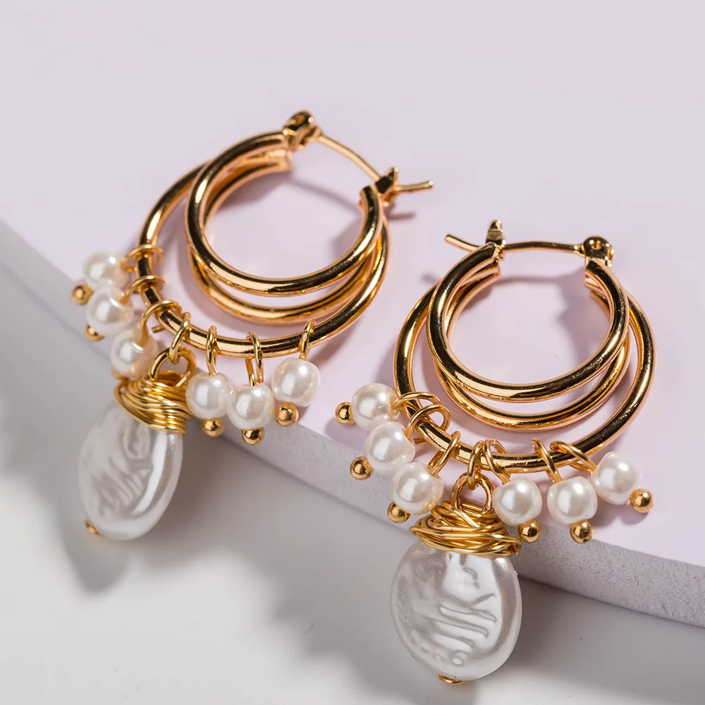 

2019 Multi-layer U-shaped Ear Hooks Handmade Pure White Flat Pearl Earrings For Women Metal Earring Valentine's Day Gifts