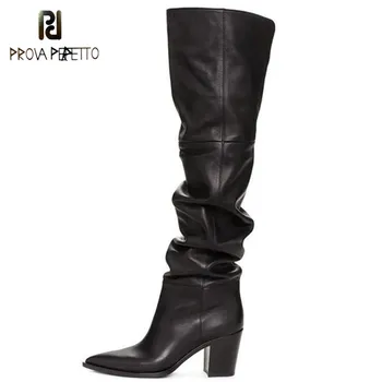 

Prova Perfetto Black Over The Knee Boots Pointed Toe Chunky Heels Shoes Zipper Soft Knee High Boots Women Botines Mujer 2019