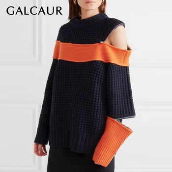 

GALCAUR Striped Hit Color Sweater For Women O Neck Long Sleeve Off Shoulder Knitting Hollow Out Female Sweaters 2020 Autumn New