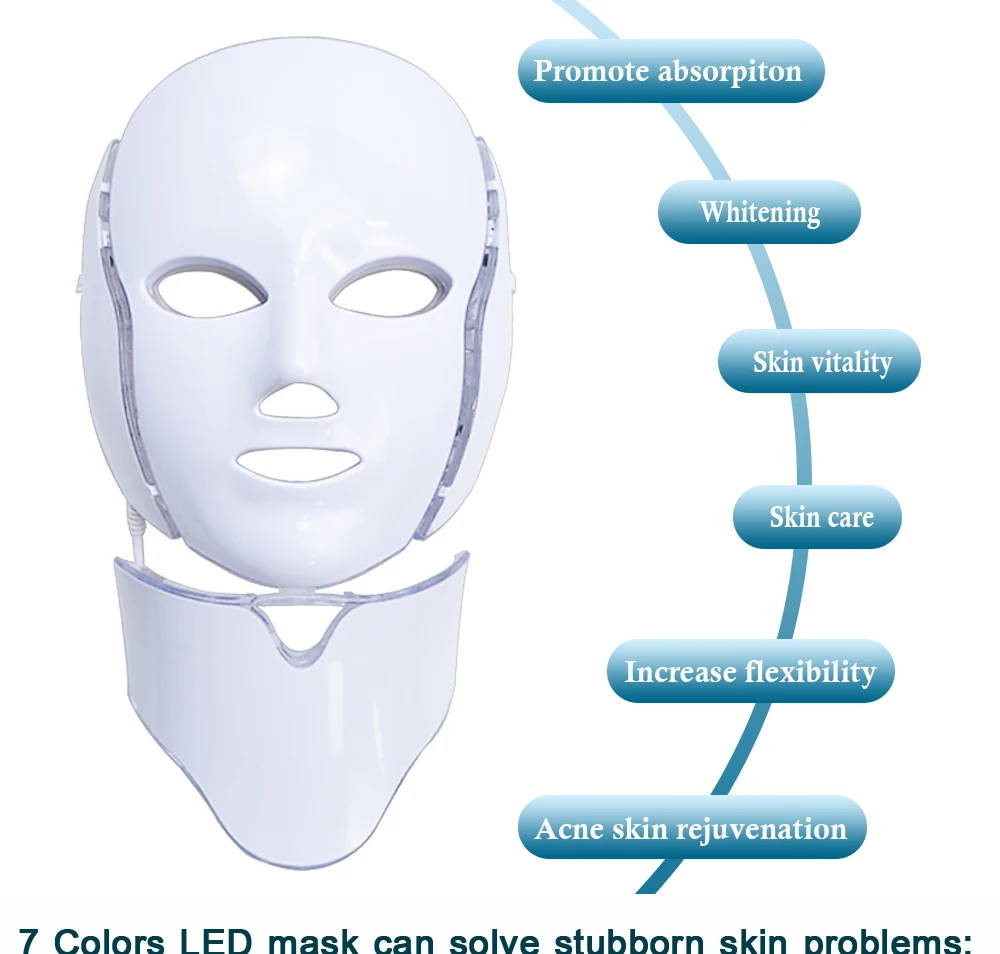 Licheng, 7 цветов, светодиодный, с шейной терапией, фотон, Корейская, омоложение акне, для лица, красота, спа, светодиодный, отбеливающая маска для лица