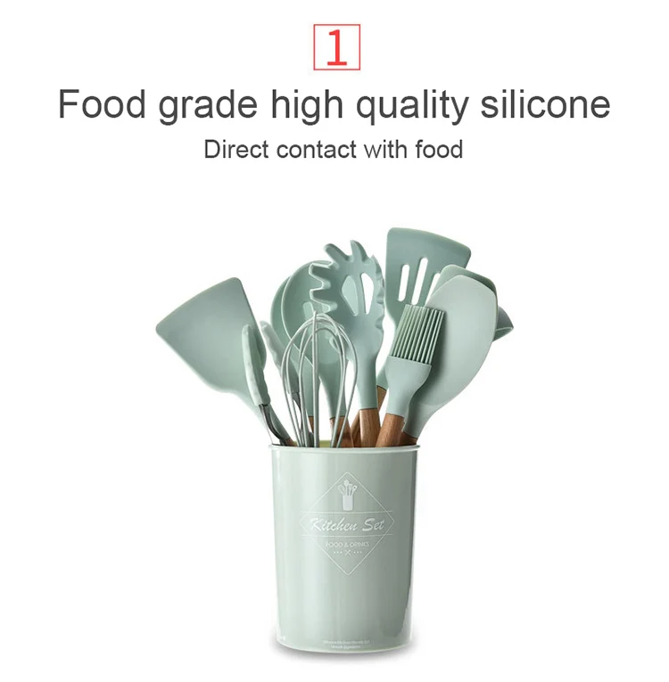12 Pieces Natural Wooden Handles Cooking Tool BPA Free Non Toxic Silicone Turner Tongs Spatula Spoon Kitchen Gadgets Utensil Set