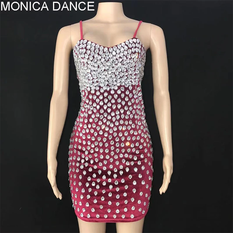 

Women Silver Rhinestone Red Velvet Short Dress Birthday Wedding Celebrate Costume Prom Party Dancer Outfit Stones Strap Dress
