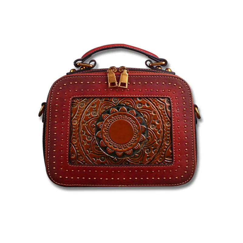 

Womens Embossed Sun Totem Cowhide Leather Tote Style Ladies Top Small Handbags Designer Rivet Satchel Tote Bag Shoulder Bags