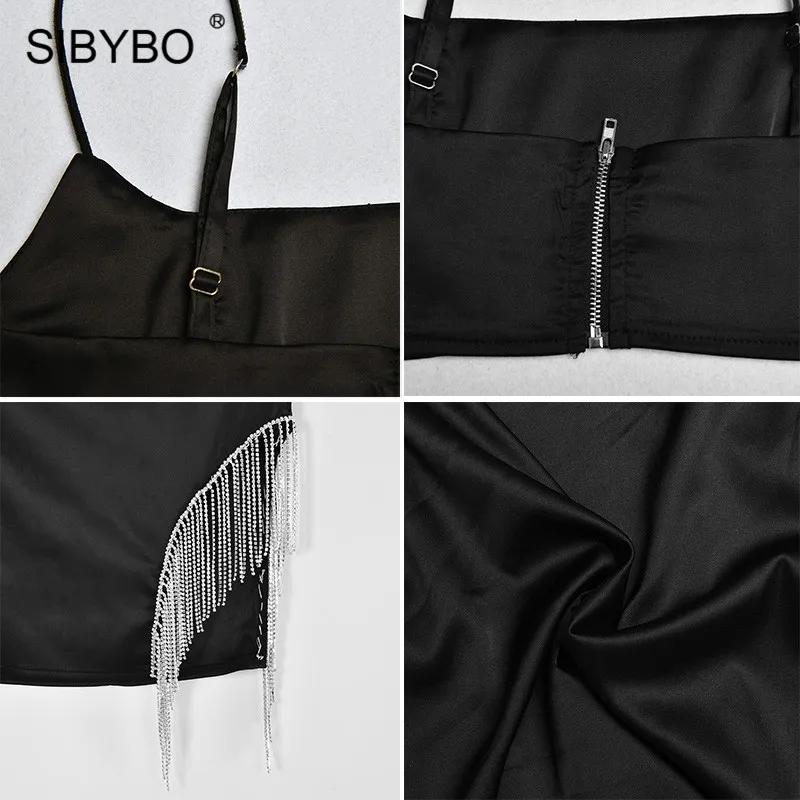 SIBYBO, с бриллиантами, с разрезом, сексуальный комплект из двух частей, платье для женщин, на тонких бретелях, без рукавов, мини, летнее платье, черное, для клуба, вечерние платья